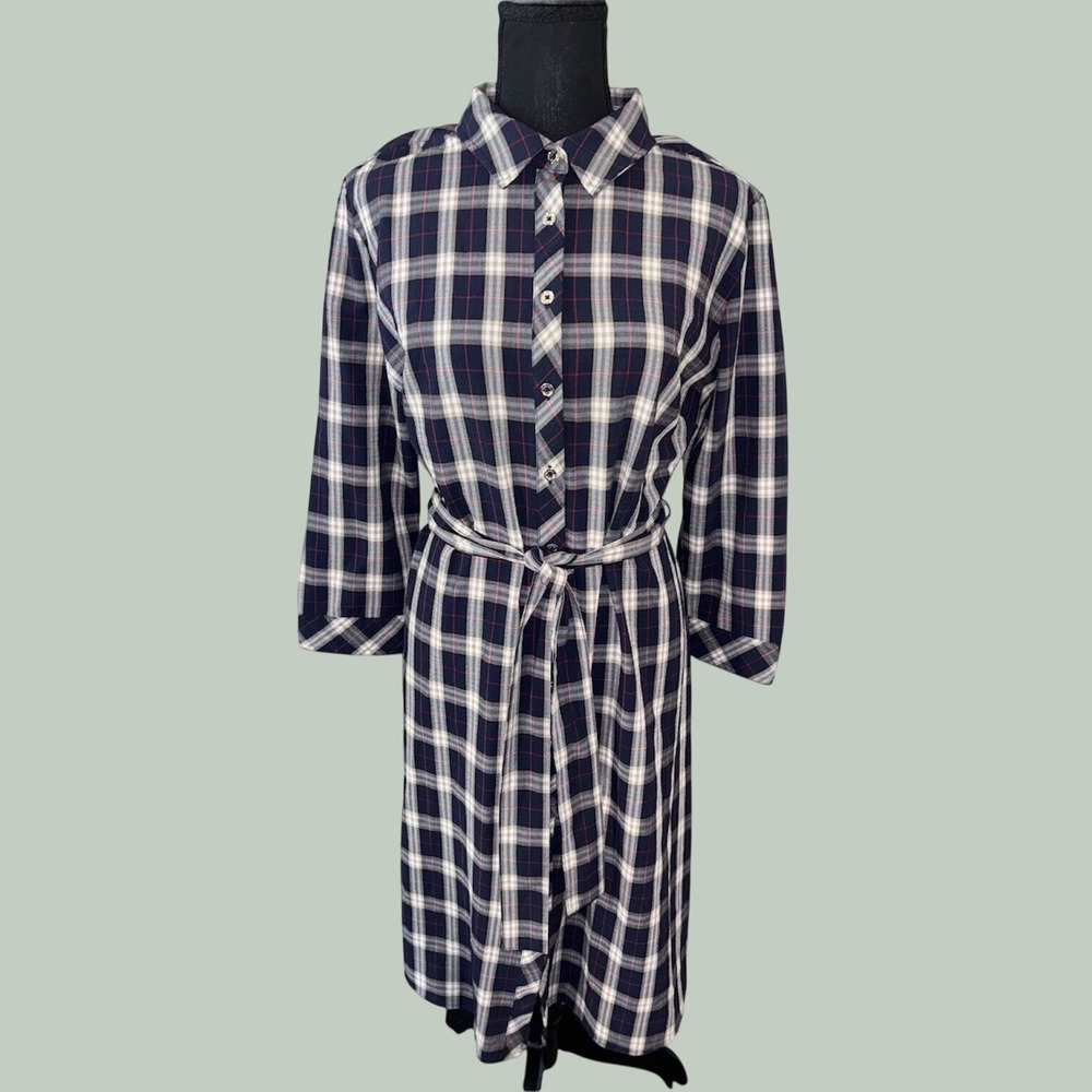 Tommy Hilfiger Navy, White & Red Plaid Midi Shirt Dress Size 14 Chic Cocktail